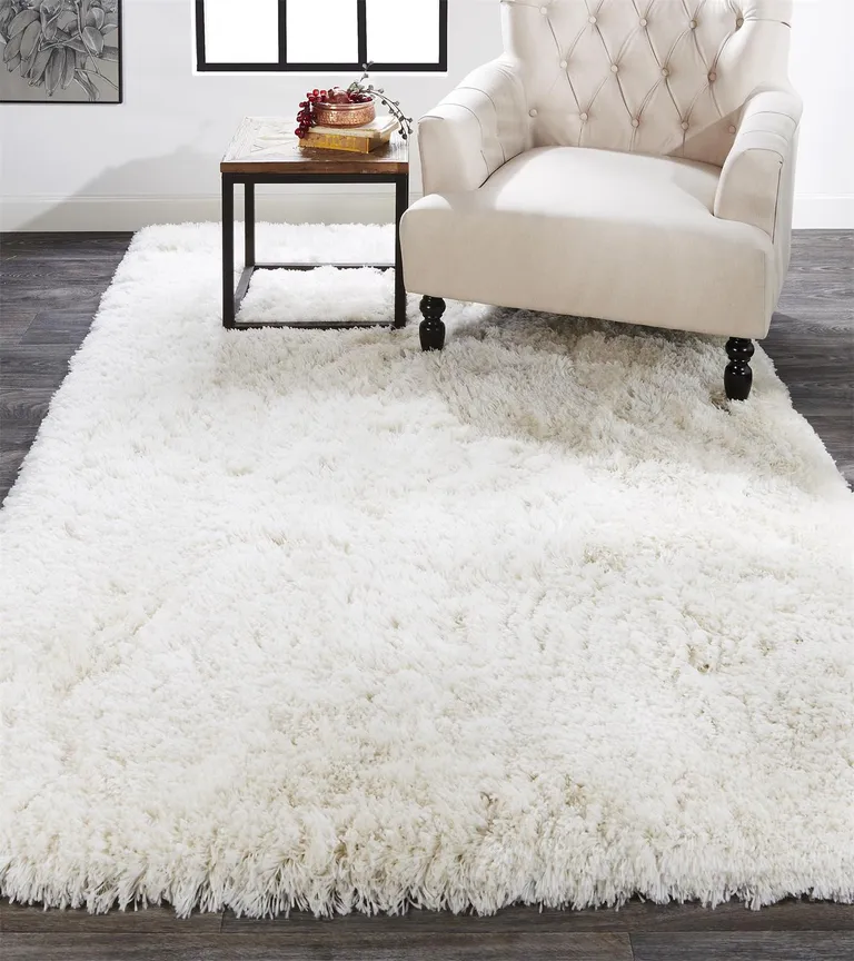 Ivory And White Shag Tufted Handmade Stain Resistant Area Rug Photo 5