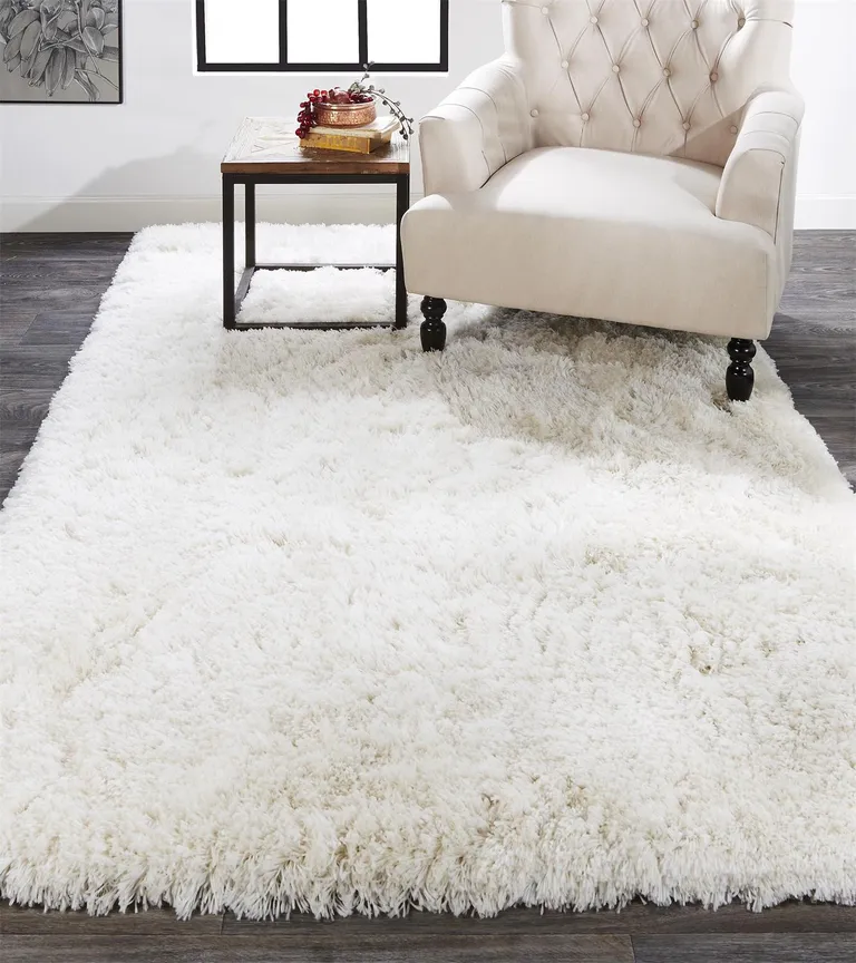 Ivory And White Shag Tufted Handmade Stain Resistant Area Rug Photo 3