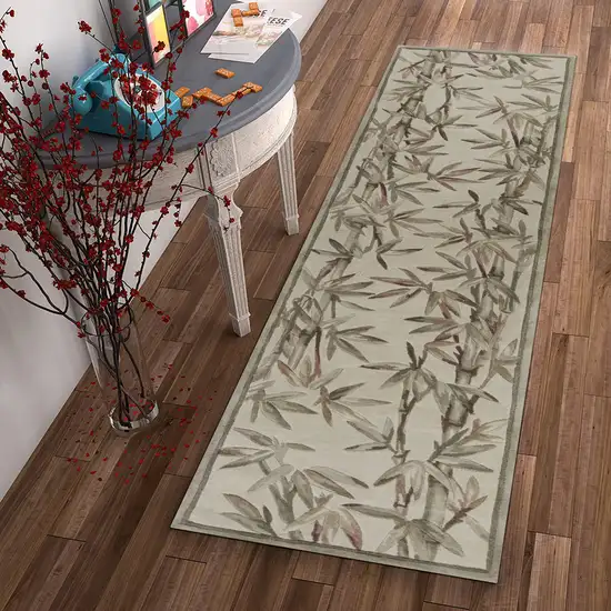 Ivory Bamboo Leaves Wool Indoor Runner Rug Photo 4