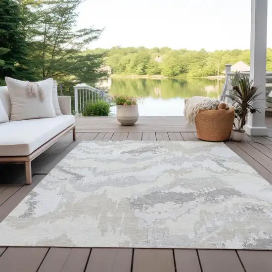 Ivory Beige And Cream Abstract Washable Indoor Outdoor Area Rug Photo 8