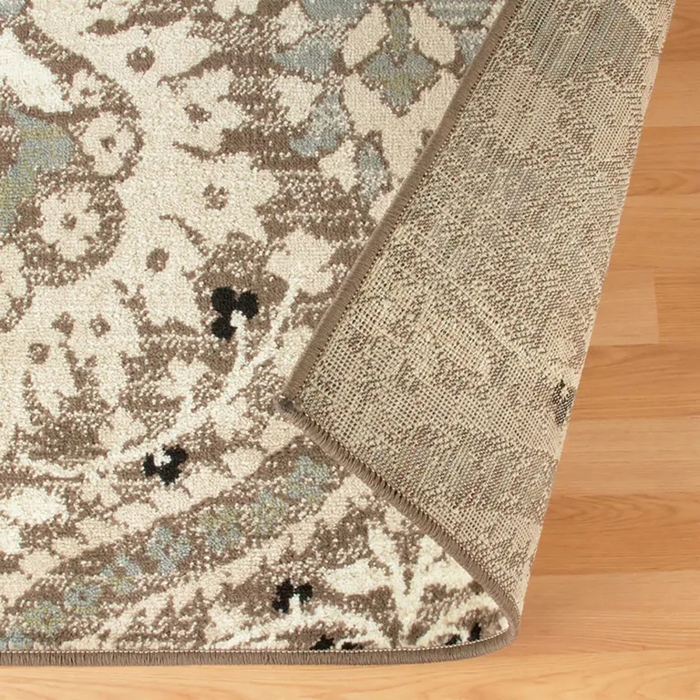 Ivory Beige And Light Blue Floral Stain Resistant Runner Rug Photo 4