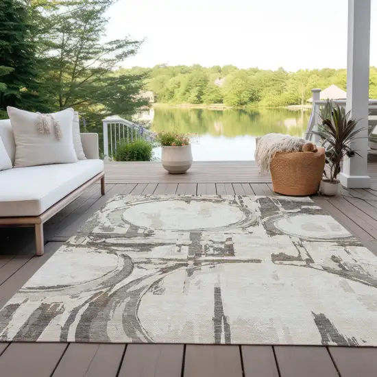 Ivory Beige And Taupe Geometric Washable Indoor Outdoor Area Rug Photo 9