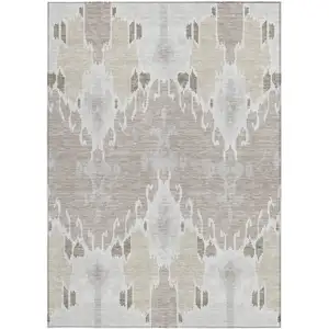 Photo of Ivory Beige And Taupe Ikat Washable Indoor Outdoor Area Rug