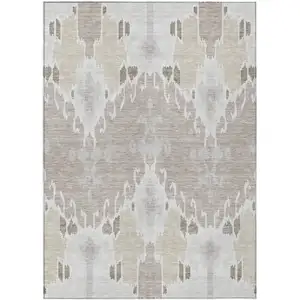 Photo of Ivory Beige And Taupe Ikat Washable Indoor Outdoor Area Rug