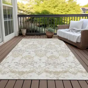 Photo of Ivory Beige And Taupe Oriental Washable Indoor Outdoor Area Rug