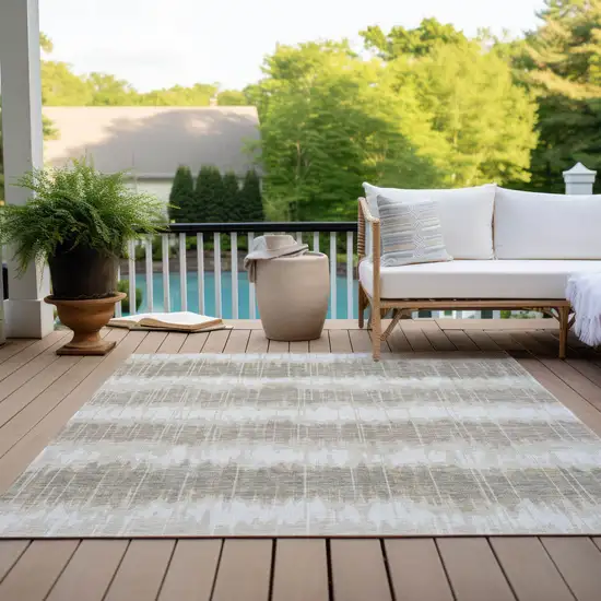 Ivory Beige And Taupe Striped Washable Indoor Outdoor Area Rug Photo 9