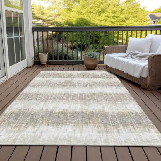 Ivory Beige And Taupe Striped Washable Indoor Outdoor Area Rug Photo 6