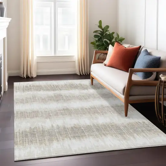 Ivory Beige And Taupe Striped Washable Indoor Outdoor Area Rug Photo 8