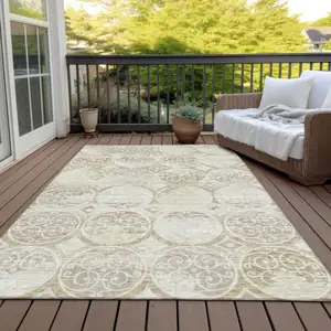 Photo of Ivory Beige And Taupe Trellis Washable Indoor Outdoor Area Rug