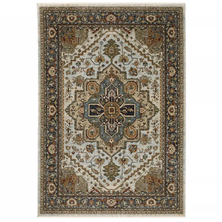 Ivory Beige Blue Orange Gold Green Grey And Rust Oriental Power Loom Stain Resistant Area Rug With Fringe Photo 1