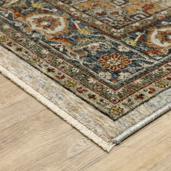 Ivory Beige Blue Orange Gold Green Grey And Rust Oriental Power Loom Stain Resistant Area Rug With Fringe Photo 6