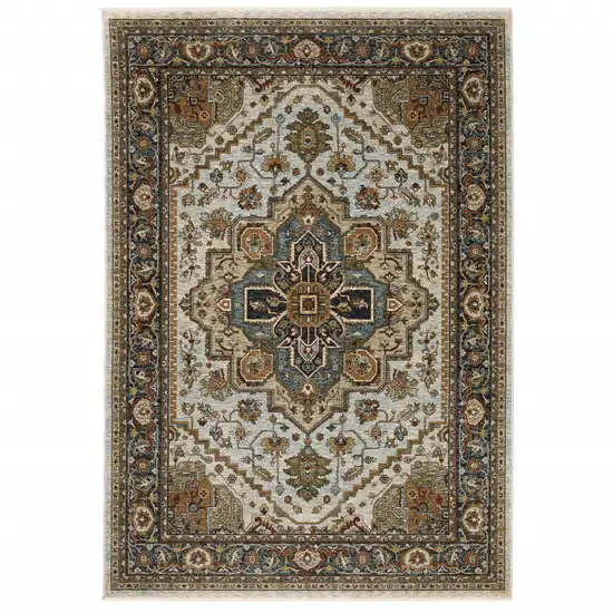 Ivory Beige Blue Orange Gold Green Grey And Rust Oriental Power Loom Stain Resistant Area Rug With Fringe Photo 1