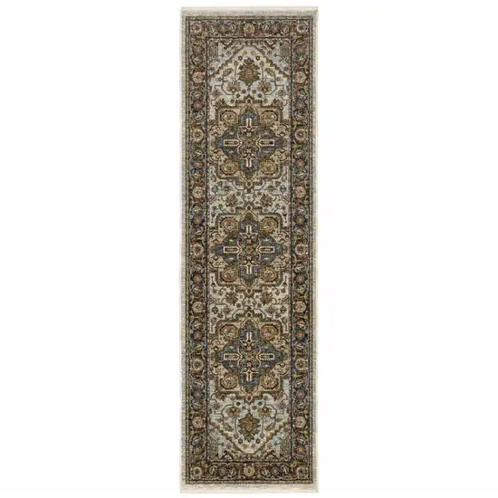 Ivory Beige Blue Orange Gold Green Grey And Rust Oriental Power Loom Stain Resistant Runner Rug With Fringe Photo 1