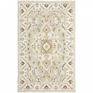 Photo of Ivory Beige Gold And Muted Grey Oriental Tufted Handmade Stain Resistant Area Rug