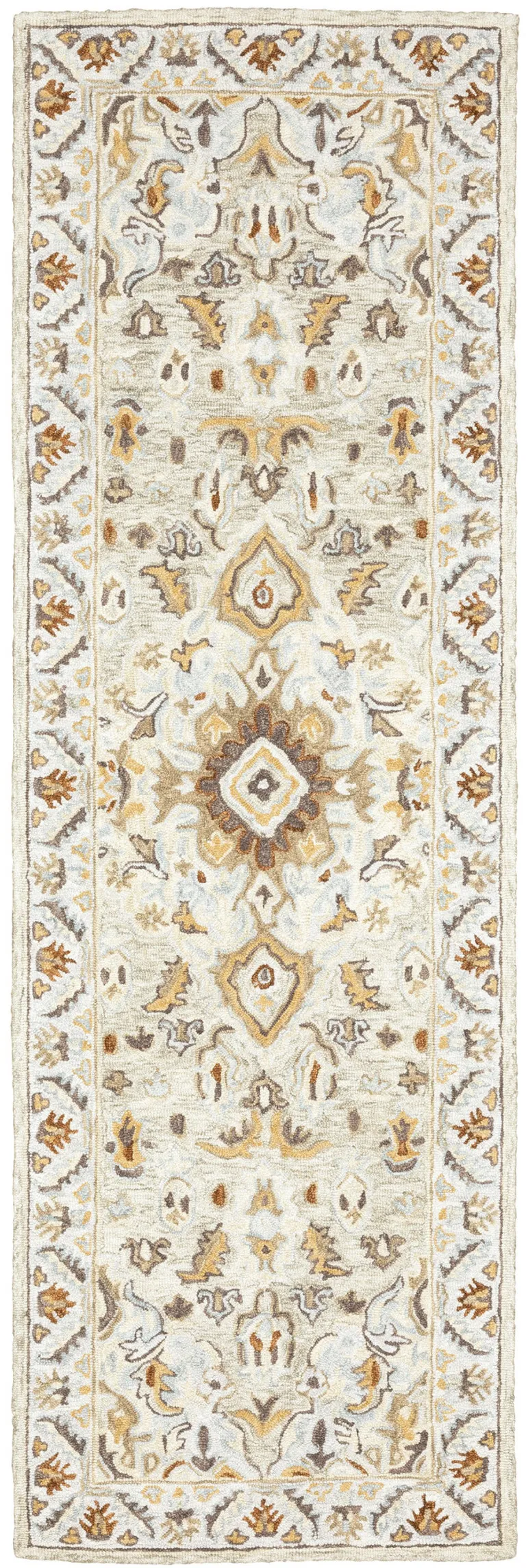 Ivory Beige Gold And Muted Grey Oriental Tufted Handmade Stain Resistant Runner Rug Photo 1