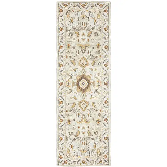 Ivory Beige Gold And Muted Grey Oriental Tufted Handmade Stain Resistant Runner Rug Photo 1