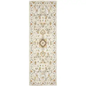 Photo of Ivory Beige Gold And Muted Grey Oriental Tufted Handmade Stain Resistant Runner Rug