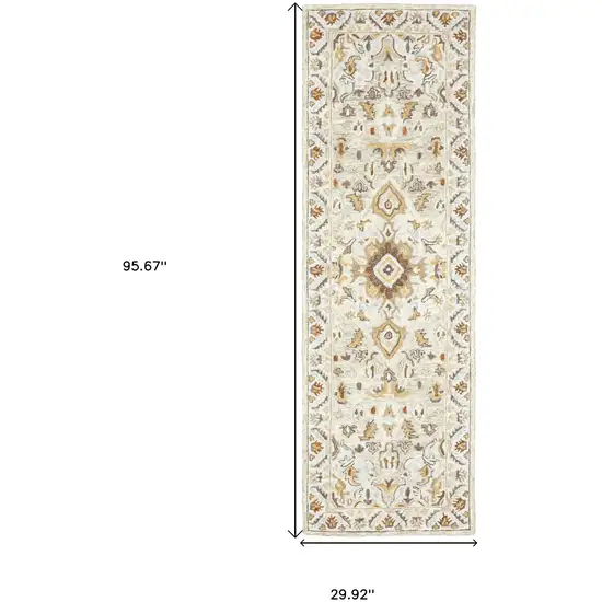 Ivory Beige Gold And Muted Grey Oriental Tufted Handmade Stain Resistant Runner Rug Photo 6