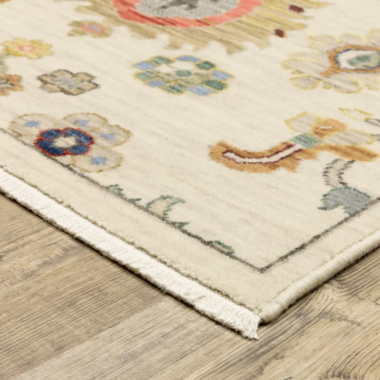 Ivory Beige Gold Grey Blue Pink Red Rust And Green Oriental Power Loom Stain Resistant Area Rug With Fringe Photo 4