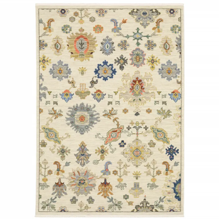 Ivory Beige Gold Grey Blue Pink Red Rust And Green Oriental Power Loom Stain Resistant Area Rug With Fringe Photo 1