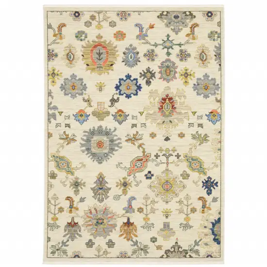 Ivory Beige Gold Grey Blue Pink Red Rust And Green Oriental Power Loom Stain Resistant Area Rug With Fringe Photo 1