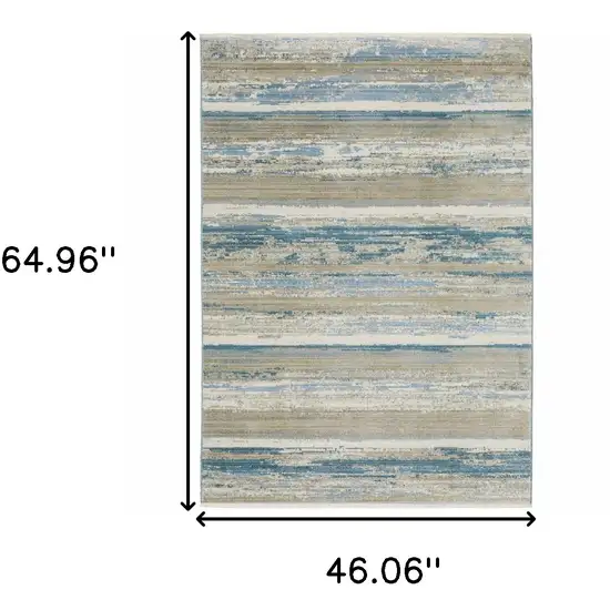 Ivory Beige Grey Blue And Tan Abstract Power Loom Stain Resistant Area Rug With Fringe Photo 9