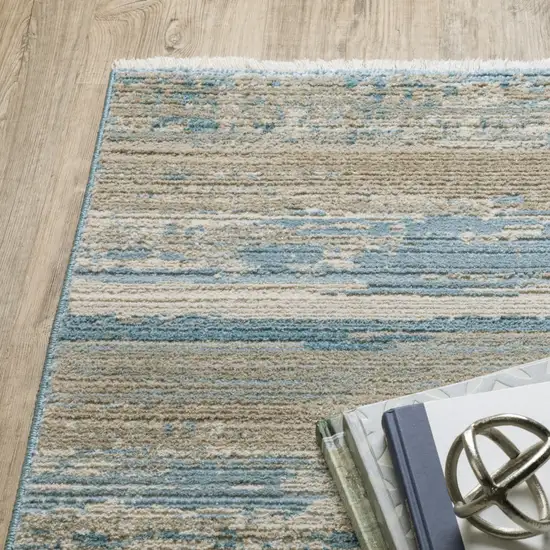 Ivory Beige Grey Blue And Tan Abstract Power Loom Stain Resistant Area Rug With Fringe Photo 6