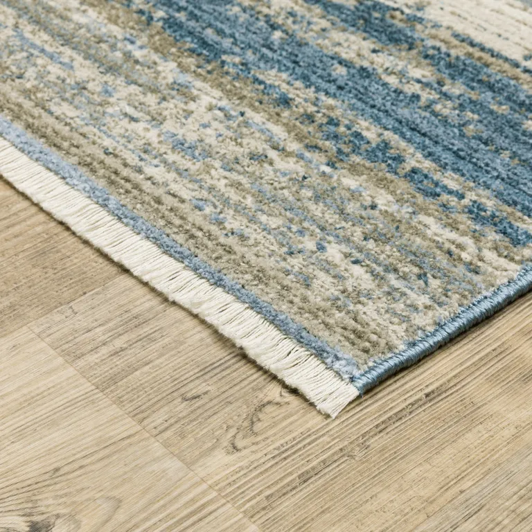 Ivory Beige Grey Blue And Tan Abstract Power Loom Stain Resistant Area Rug With Fringe Photo 4
