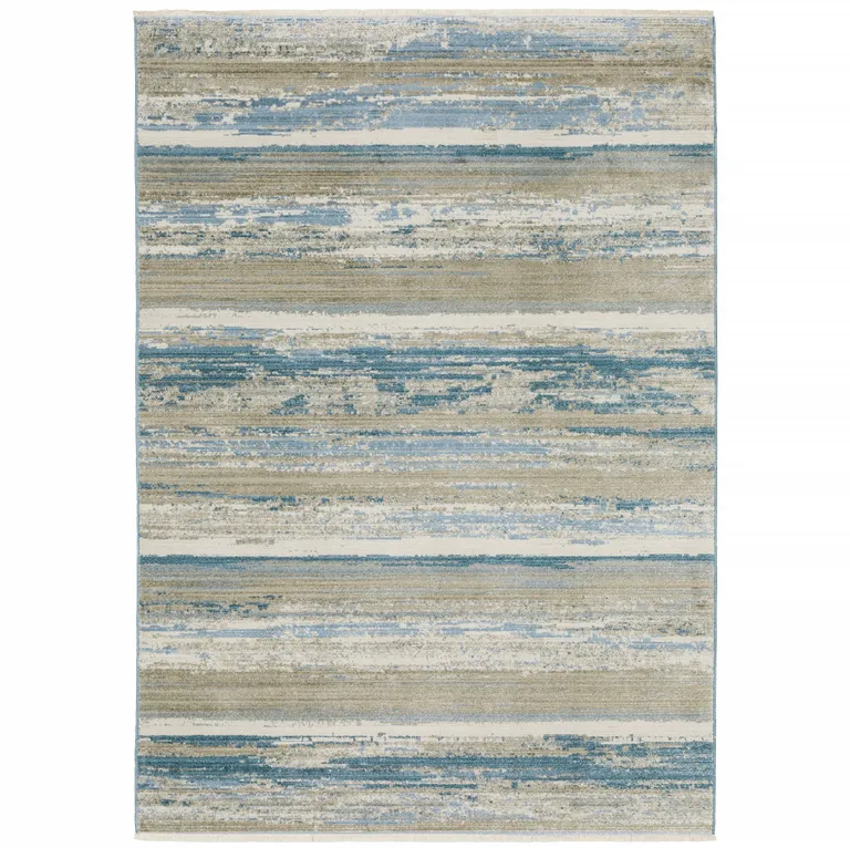 Ivory Beige Grey Blue And Tan Abstract Power Loom Stain Resistant Area Rug With Fringe Photo 1