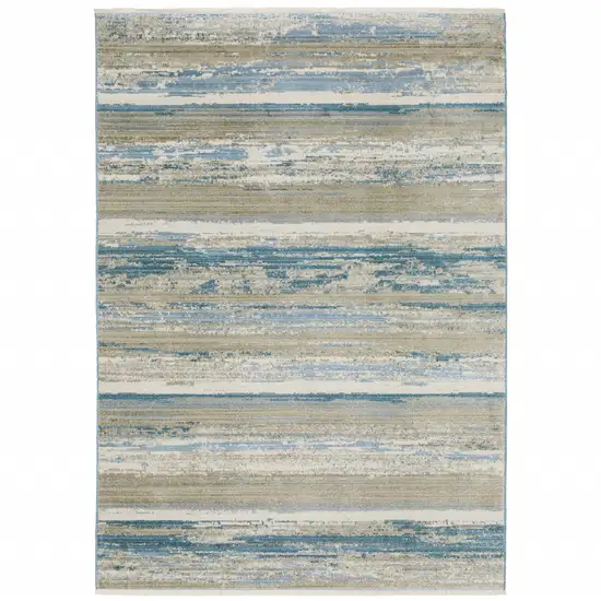Ivory Beige Grey Blue And Tan Abstract Power Loom Stain Resistant Area Rug With Fringe Photo 1