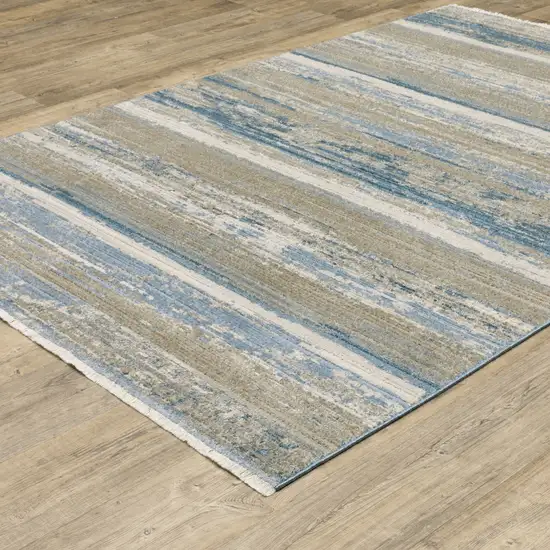 Ivory Beige Grey Blue And Tan Abstract Power Loom Stain Resistant Area Rug With Fringe Photo 5