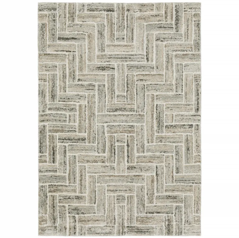 Ivory Beige Grey Brown Pale Blue And Charcoal Geometric Power Loom Stain Resistant Area Rug Photo 1