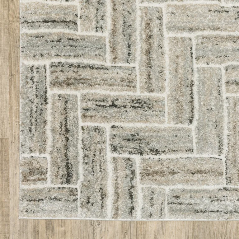 Ivory Beige Grey Brown Pale Blue And Charcoal Geometric Power Loom Stain Resistant Area Rug Photo 4