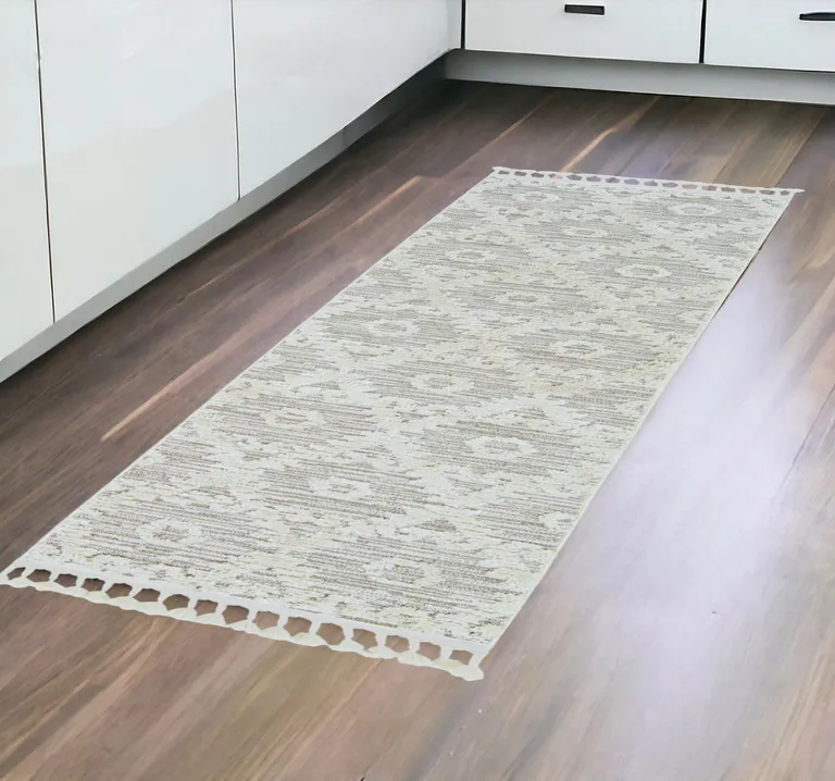 Ivory Beige Machine Woven Geometric With Fringe Indoor Runner Rug Photo 3