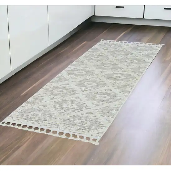 8' Ivory Beige Machine Woven Geometric With Fringe Indoor Runner Rug Photo 1