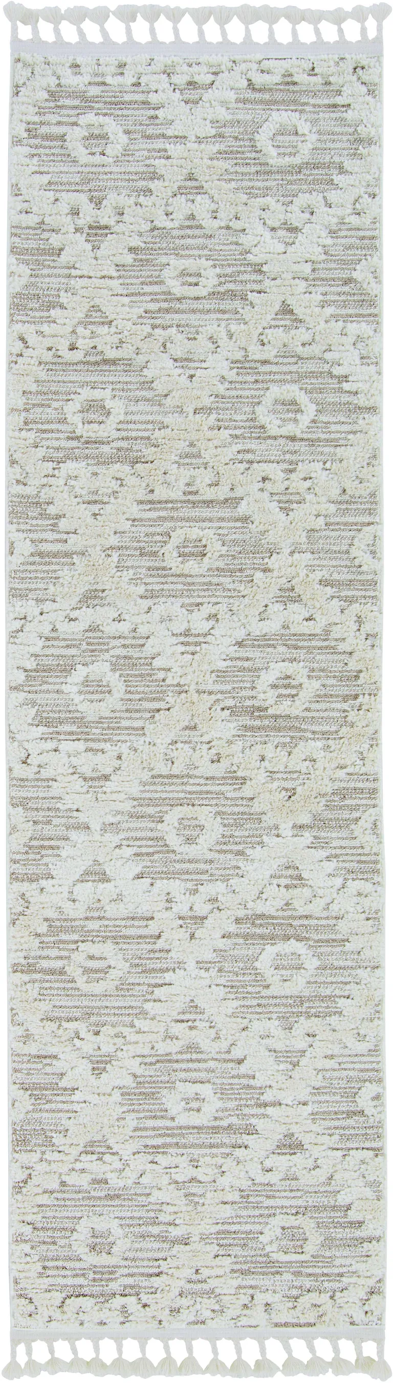 Ivory Beige Machine Woven Geometric With Fringe Indoor Runner Rug Photo 1