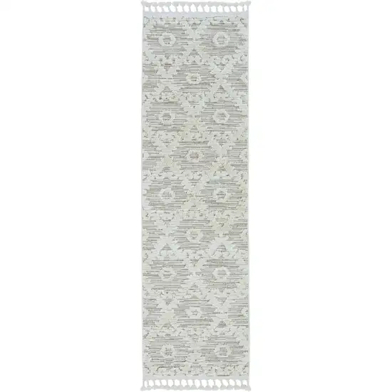 Ivory Beige Machine Woven Geometric With Fringe Indoor Runner Rug Photo 1