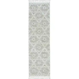 Photo of Ivory Beige Machine Woven Geometric With Fringe Indoor Runner Rug