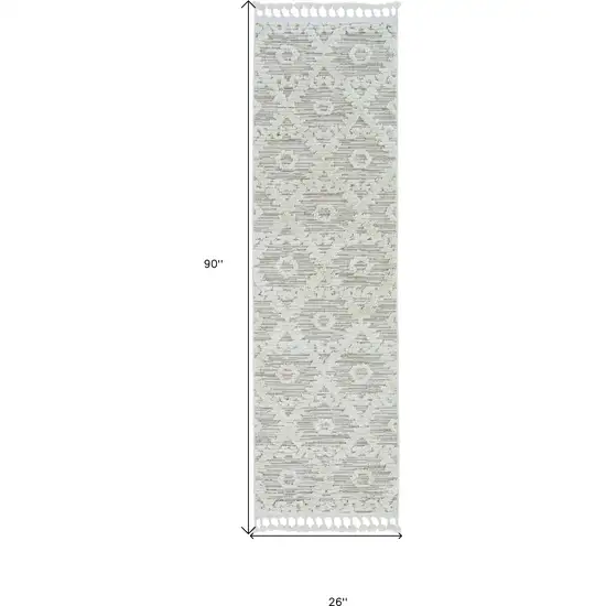 8' Ivory Beige Machine Woven Geometric With Fringe Indoor Runner Rug Photo 3