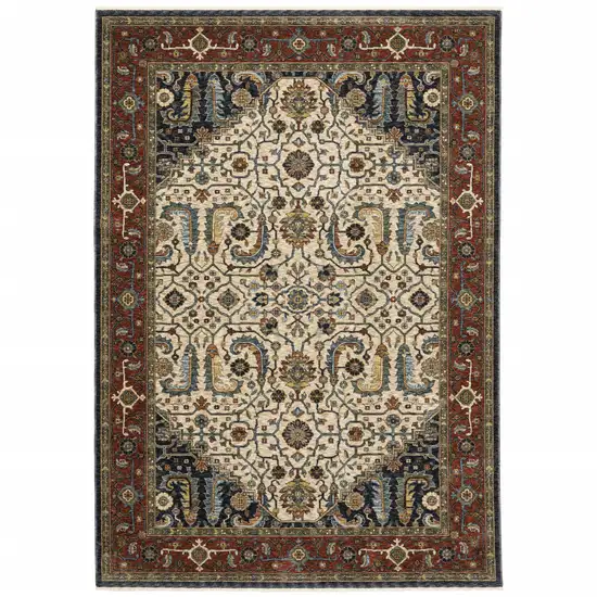 Ivory Beige Red Blue Gold Green And Navy Oriental Power Loom Stain Resistant Area Rug With Fringe Photo 1