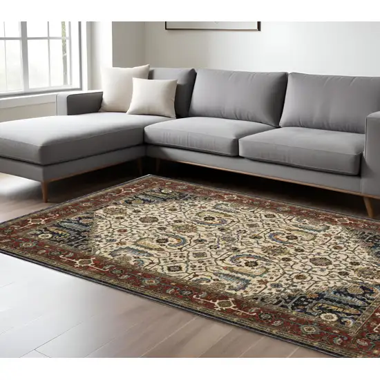 Beige and Ivory Oriental Power Loom Area Rug With Fringe Photo 1