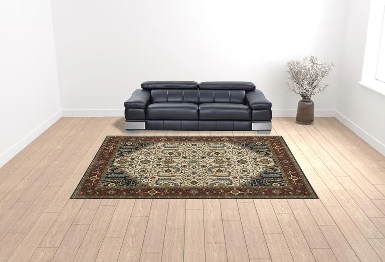 Ivory Beige Red Blue Gold Green And Navy Oriental Power Loom Stain Resistant Area Rug With Fringe Photo 3