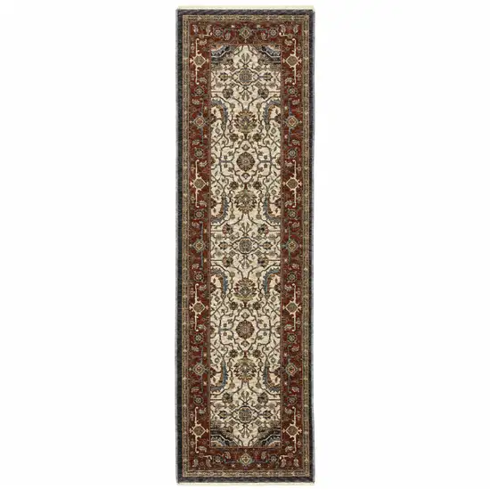 Ivory Beige Red Blue Gold Green And Navy Oriental Power Loom Stain Resistant Runner Rug With Fringe Photo 1