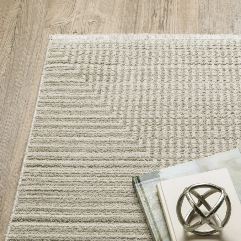 Ivory Beige Taupe And Tan Geometric Power Loom Stain Resistant Area Rug With Fringe Photo 5