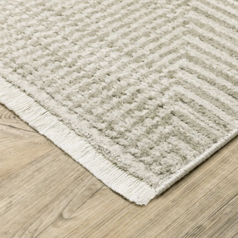 Ivory Beige Taupe And Tan Geometric Power Loom Stain Resistant Area Rug With Fringe Photo 3