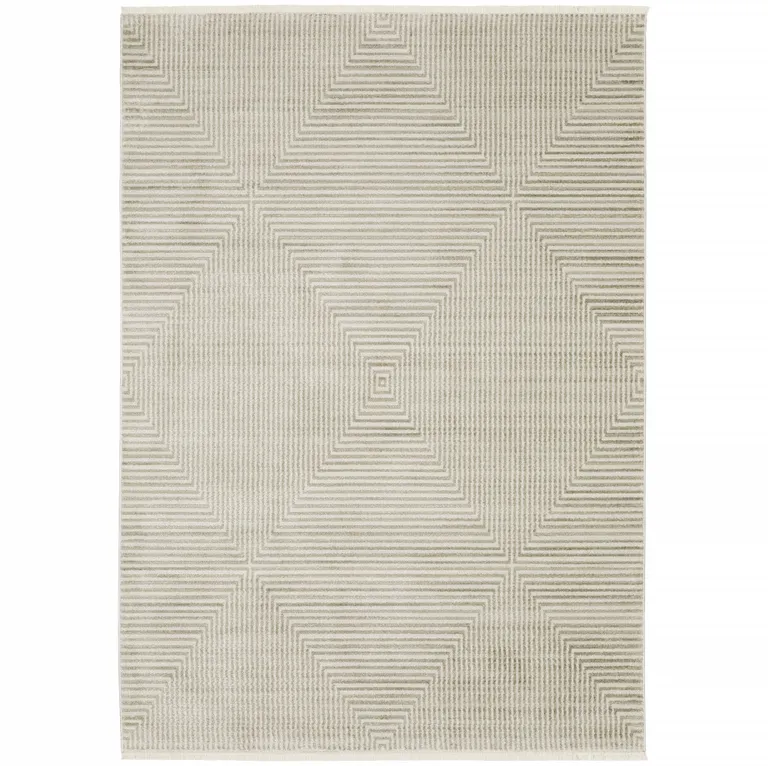 Ivory Beige Taupe And Tan Geometric Power Loom Stain Resistant Area Rug With Fringe Photo 1