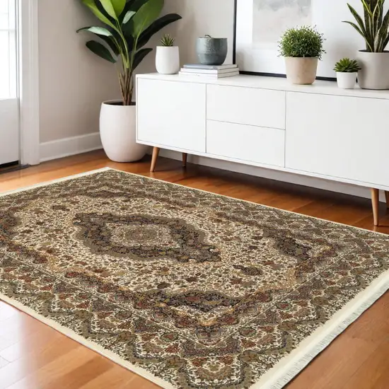 Ivory Black And Brown Medallion Area Rug With Fringe Photo 1