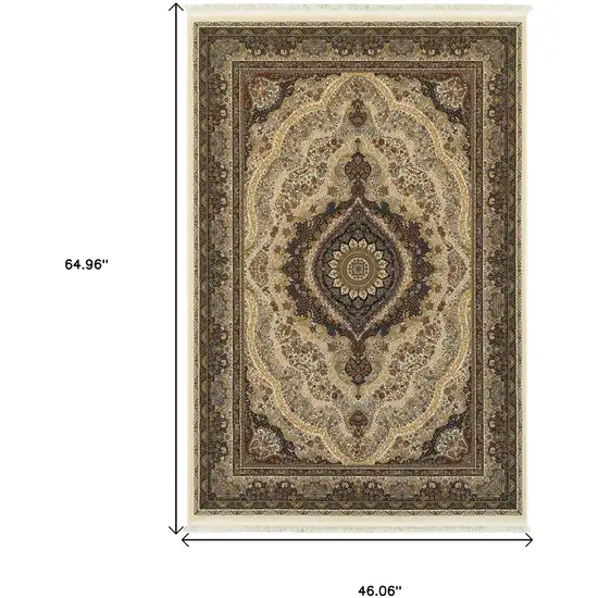 Ivory Black And Tan Medallion Area Rug With Fringe Photo 3