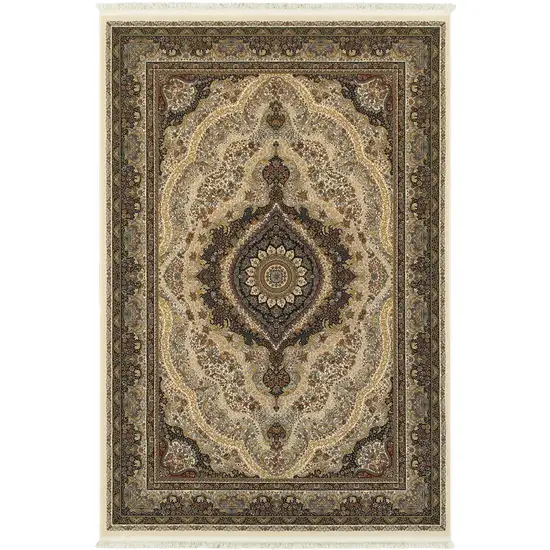 Ivory Black And Tan Medallion Area Rug With Fringe Photo 2