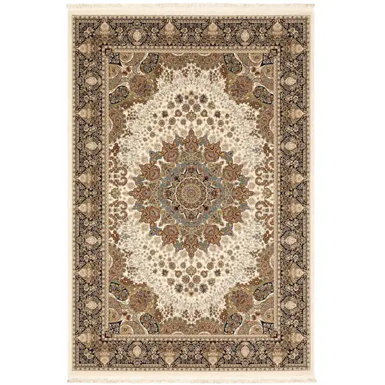 Ivory Black And Tan Medallion Area Rug With Fringe Photo 4